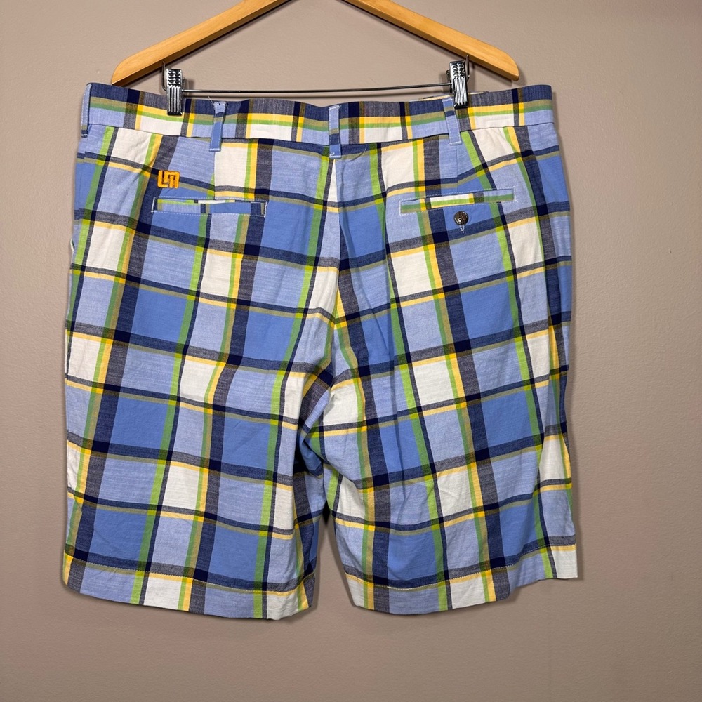 Loudmouth Golf Shorts Mens 40‎ Blue Green Yellow Plaid Cotton Stretch Checkered